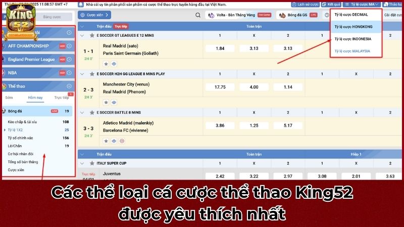 Các thể loại cá cược thể thao King52 được yêu thích nhất